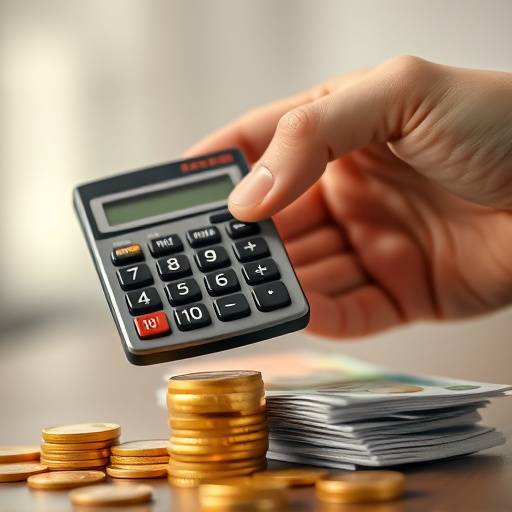 Hand holding a calculator with stacks of coins and bills