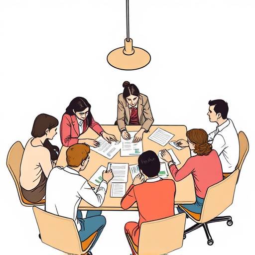 Illustration of diverse individuals collaborating around a table with financial documents.