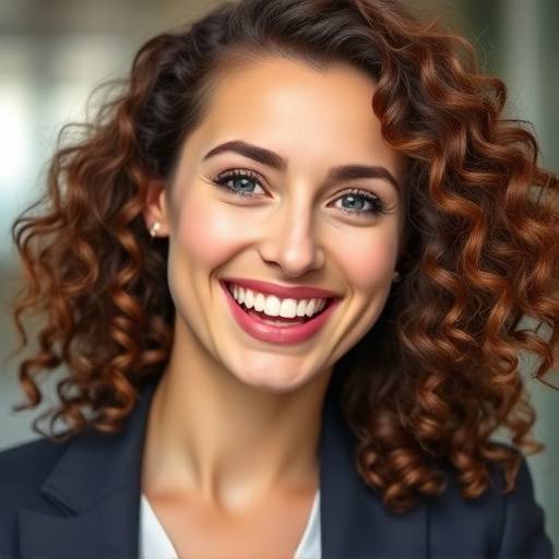 Portrait of a professional woman with curly brown hair, looking enthusiastic.