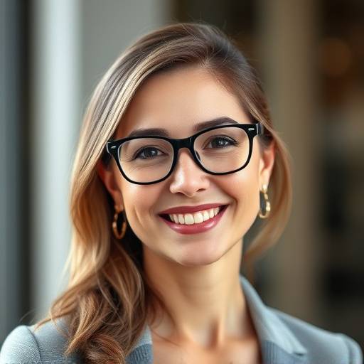 Portrait of a professional woman with glasses, smiling.