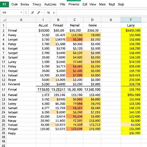 Spreadsheet with highlighted cells and financial data